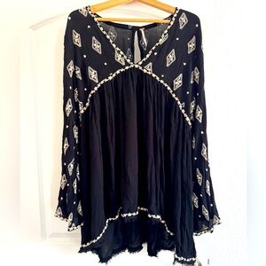 Free People Diamond Embroidered Black & White Long Sleeve Top Tunic Dress Sz L